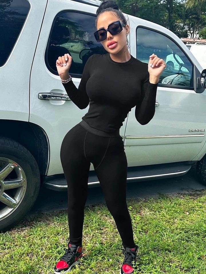 AYWA Women's 2 Piece Outfits Ribbed Long Sleeve Fitted T-shirt High Waist Leggins Shorts Casual Matching set - Image 5