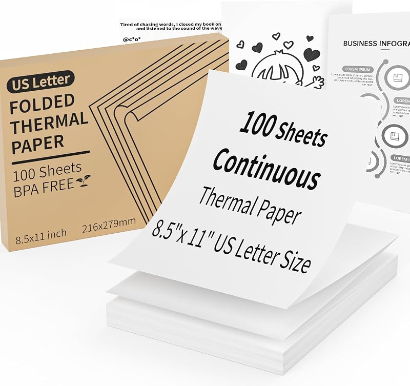 Continuous Thermal Printer Paper 8.5" x 11" US Letter Size | High-Efficiency Durable Printing, Printing Contract, Compatible with Most Thermal Printers (100 Sheets/Continuous Folding)