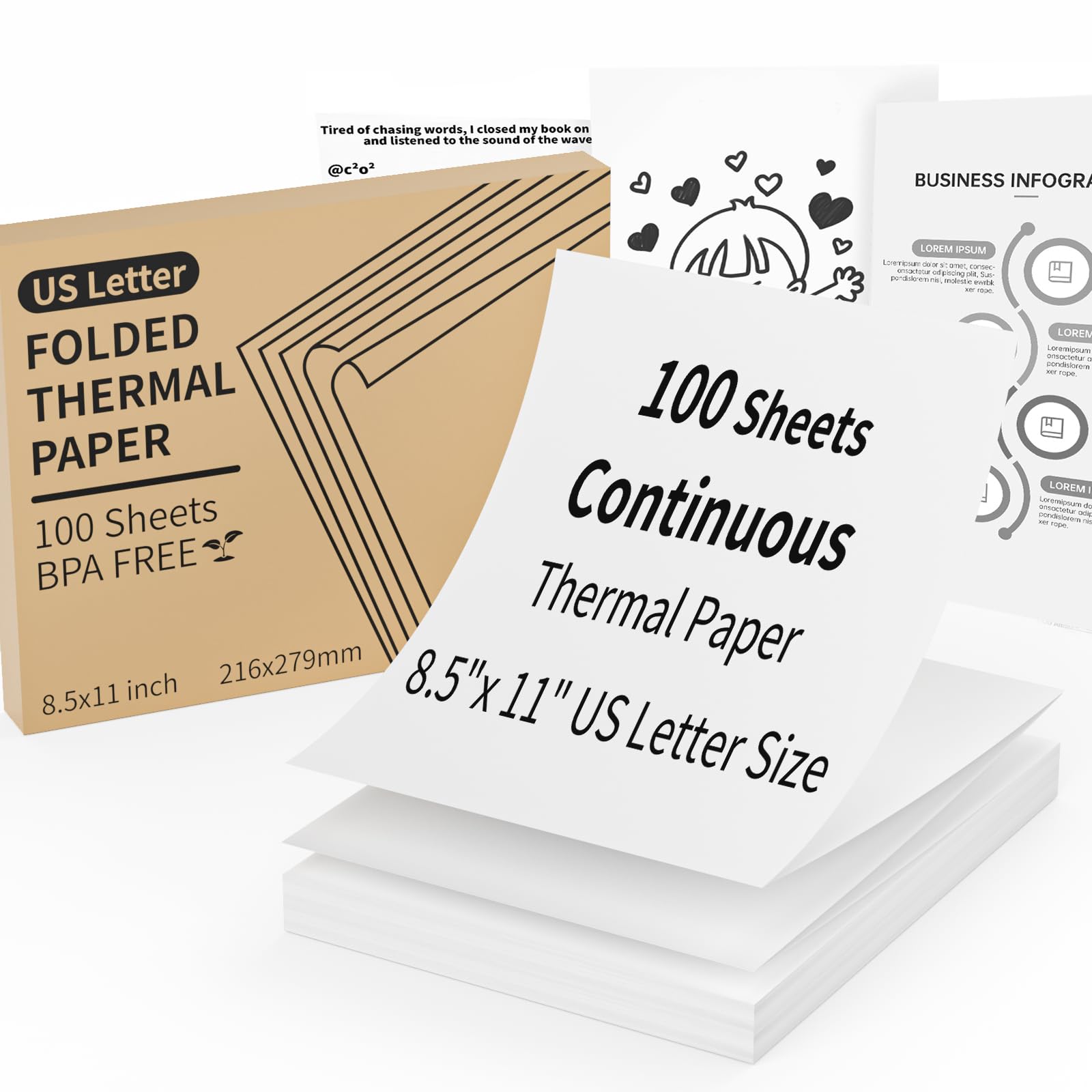Continuous Thermal Printer Paper 8.5" x 11" US Letter Size
