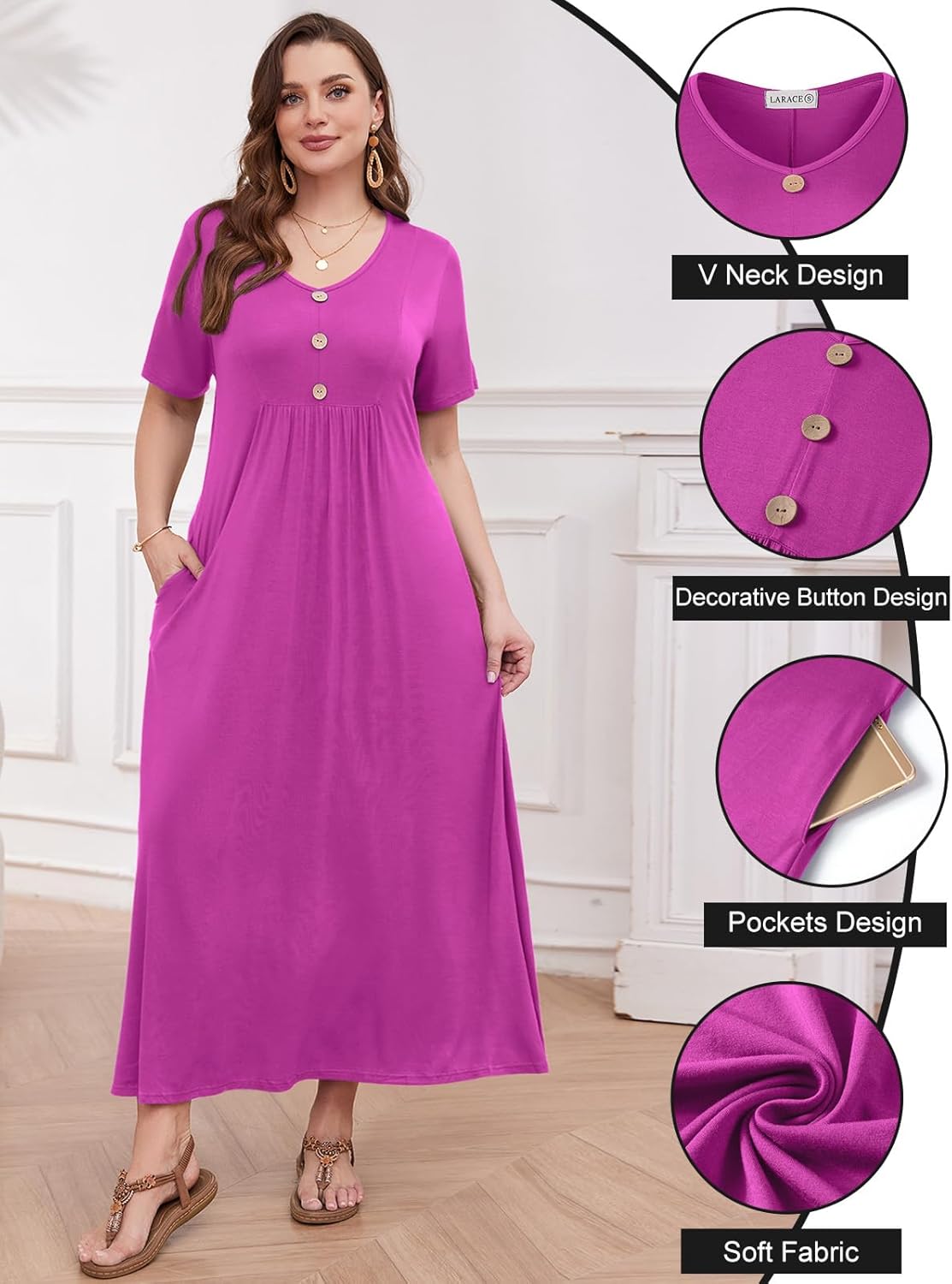LARACE Womens Plus Size Short Sleeve Dresses Casual V Neck Button Up Pleated Flowy Long Maxi Dress with Pockets L-6XL - Image 4