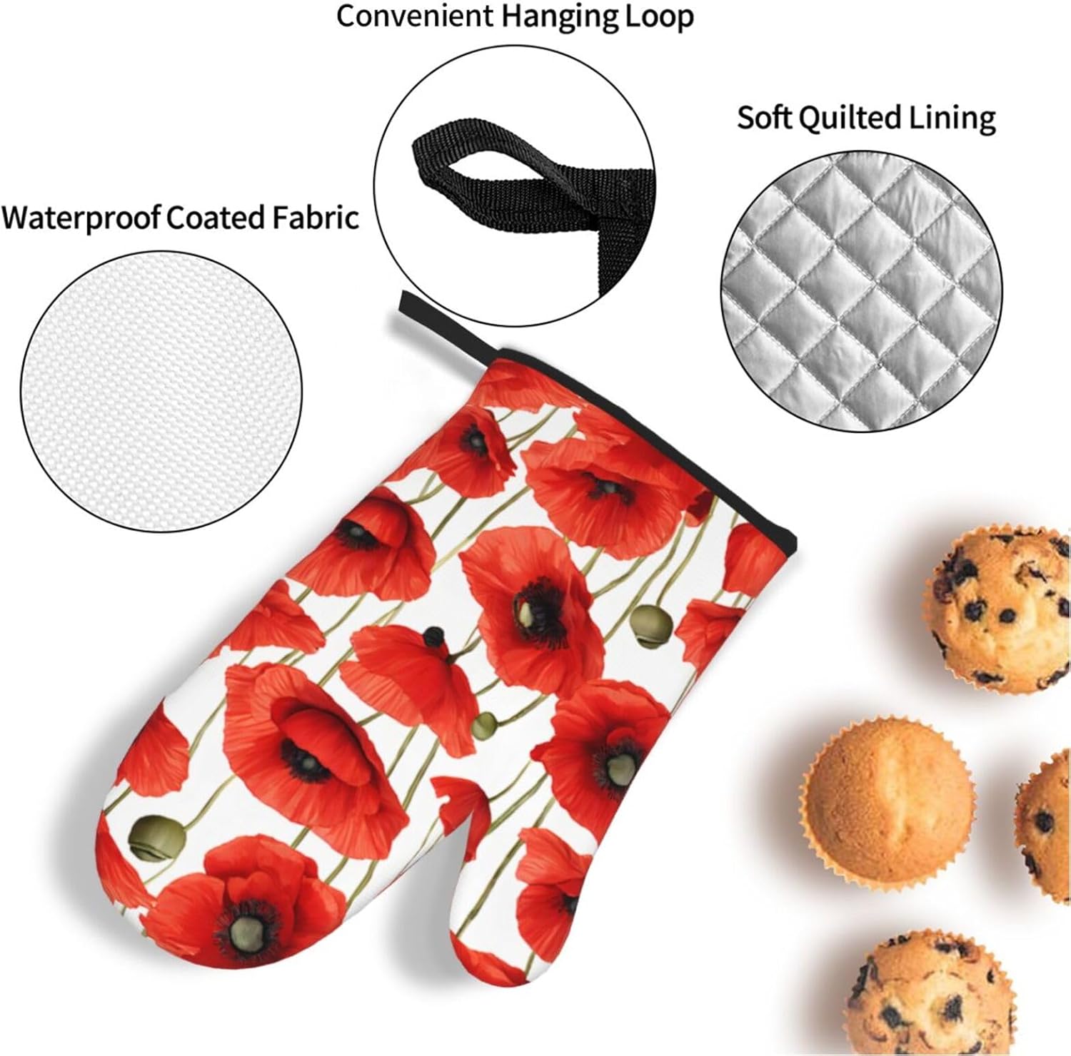 (Red Poppy Flower) Baking 4-Piece Set: 2 Oven Mitts and 2 Pot Holders Heat Resistant Waterproof Hanging Loop for Kitchen Oven Grill Housewarming Gifts