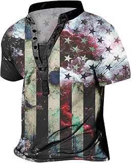 Men's Independence Day Flag Digital 3D Printing Multi Button Collar Short Sleeve Shirt T Shirt Multi Button Coloured T Shirts
