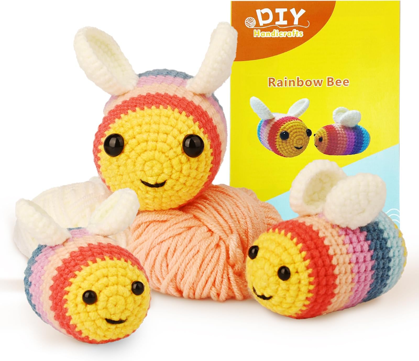 Jeslon Rainbow Bee Crochet Kit for Kids & Adults, Makes 3 Bee Animals, Step-by-Step Video Tutorials, Crochet Starter Kit for Beginners