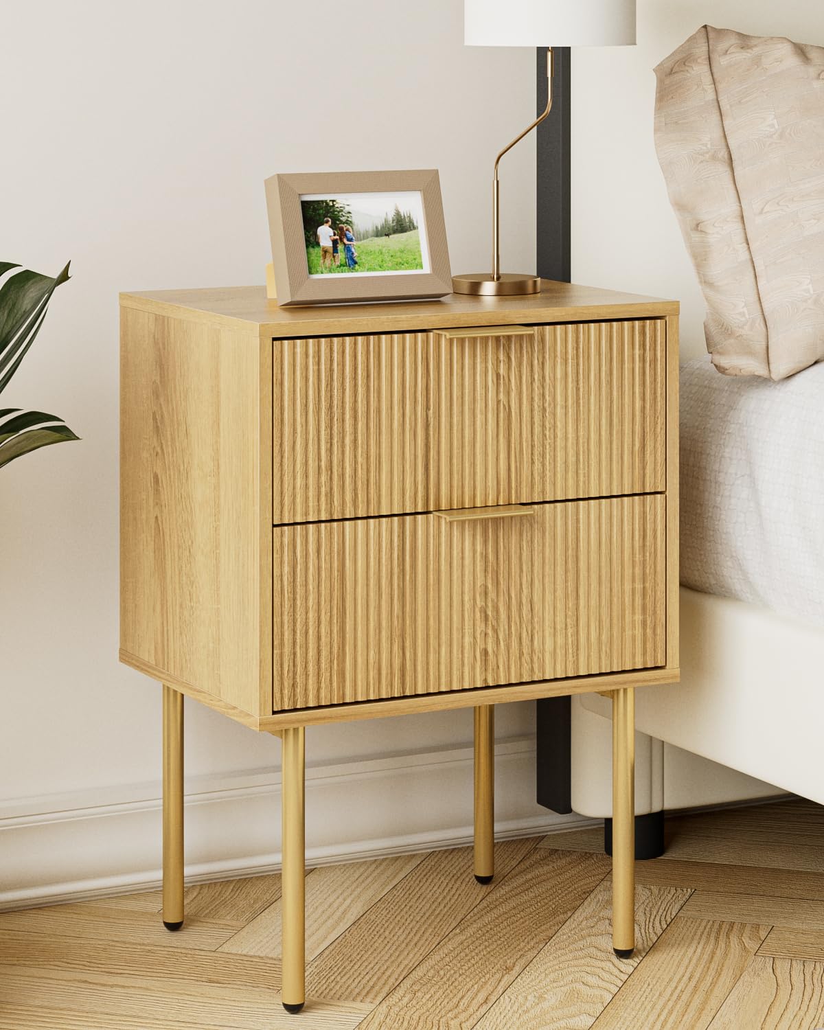HEYZOEY Bedside Table, Small Bedside Tables with 2 Drawers, Wooden Nightstand with Gold Legs, Mid-Century Modern Bed Side End Table for Bedroom, Living Room,Oak
