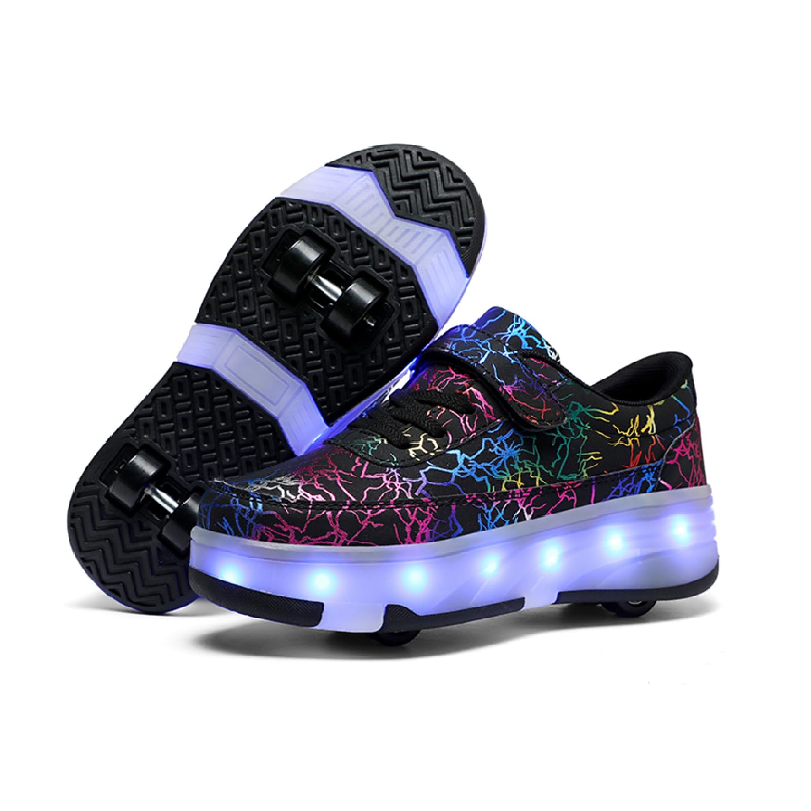 HUSKSWARE Kids Shoes with Wheels โ LED Light-Up Roller Sneakers Boys Girls, Retractable Skating Trainers, USB Rechargeable Outdoor Sports Shoes EU 27-40 White Black Pink