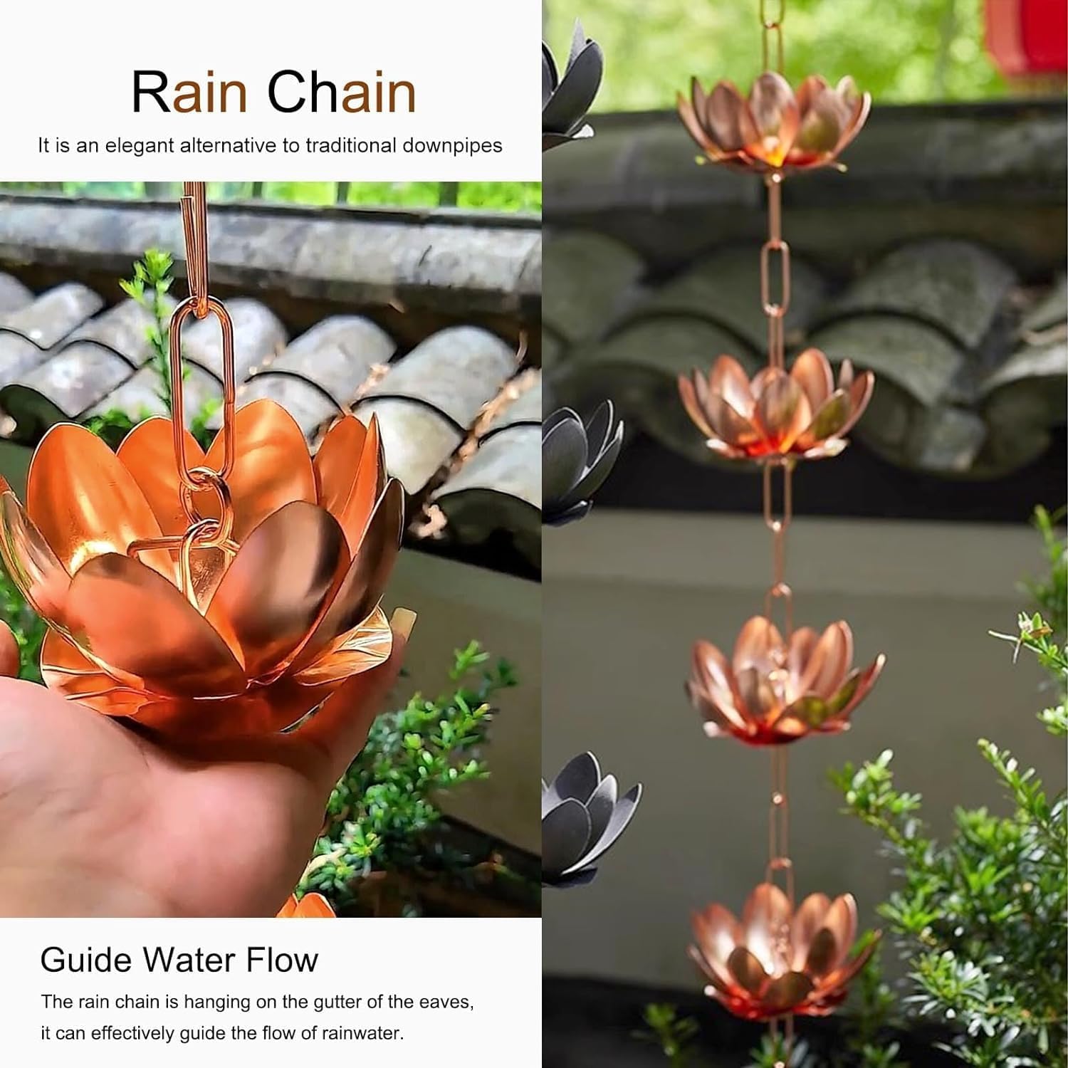 Rain Chain Petals Rain Chain for Gutters Downspouts, Rain Chains Rainwater Diverter 1m