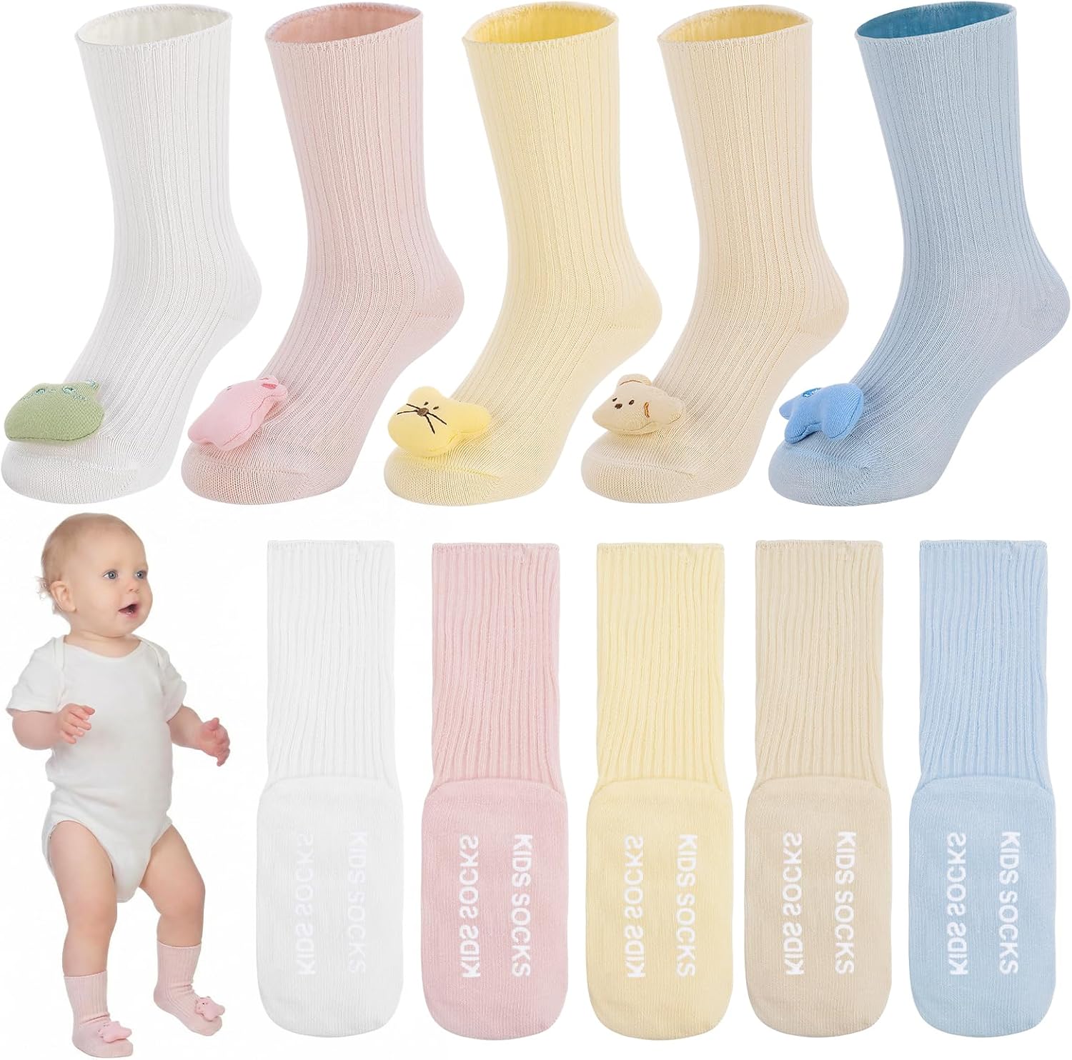 5 Pairs Silly Baby Socks, 3D Cute Animals Kids Socks with Grips, Funny Toddler Crazy Sock Gifts for Baby Showers Registries