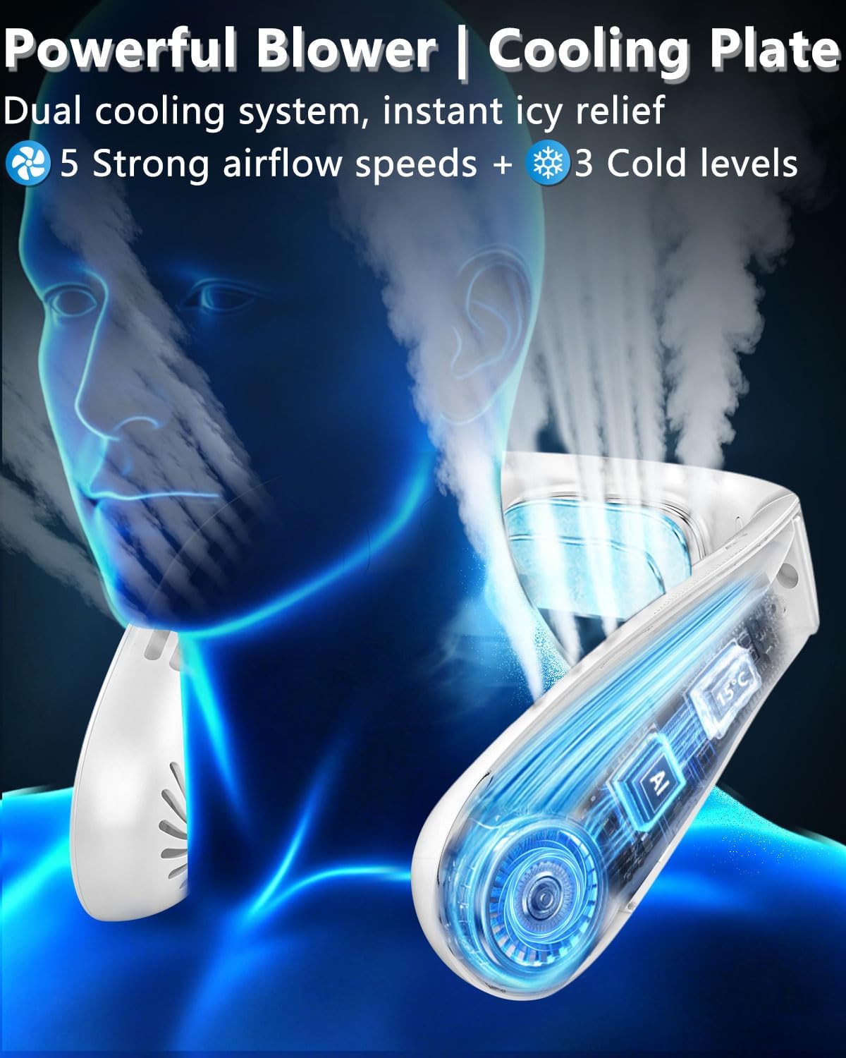 FWV Neck Fan with Cooling Plate, 5500mAh 3-24Hrs Battery, Ultra Quiet 5-Speed USB-C Necklace Cooler, LED Display for Battery&Speed,Hands-Free Bladless Mini Fans for Travel Office Indoor Outdoor White thumbnail