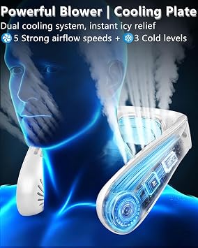 FWV Neck Fan with Cooling Plate, 5500mAh 3-24Hrs Battery, Ultra Quiet 5-Speed USB-C Necklace Cooler, LED Display for Battery&Speed,Hands-Free Bladless Mini Fans for Travel Office Indoor Outdoor White