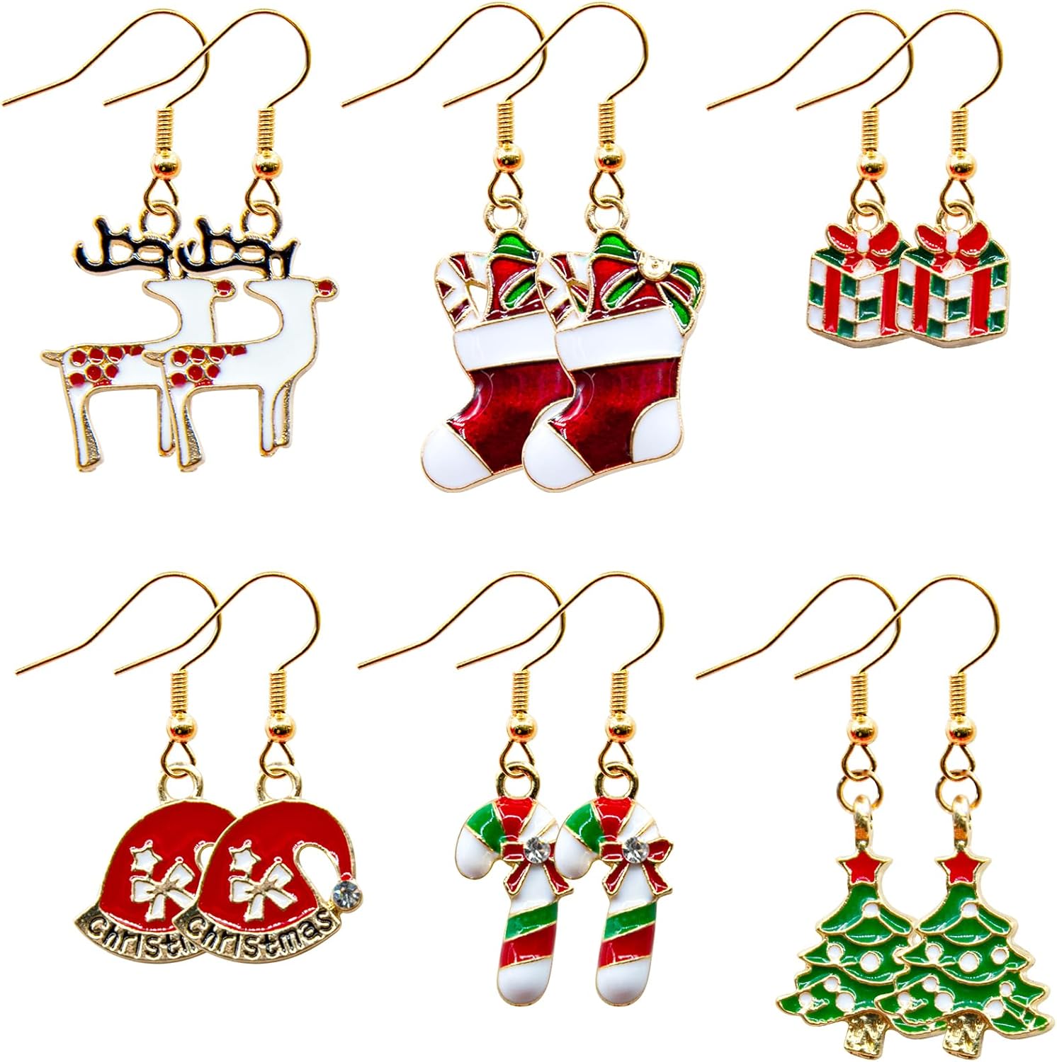 6 Pairs Christmas Earrings, Xmas Dangle Earrings Christmas Stud for Women Christmas Reindeer Stocking Gift Tree Hat Crutches Cute Jewelry Festival Party Supplies