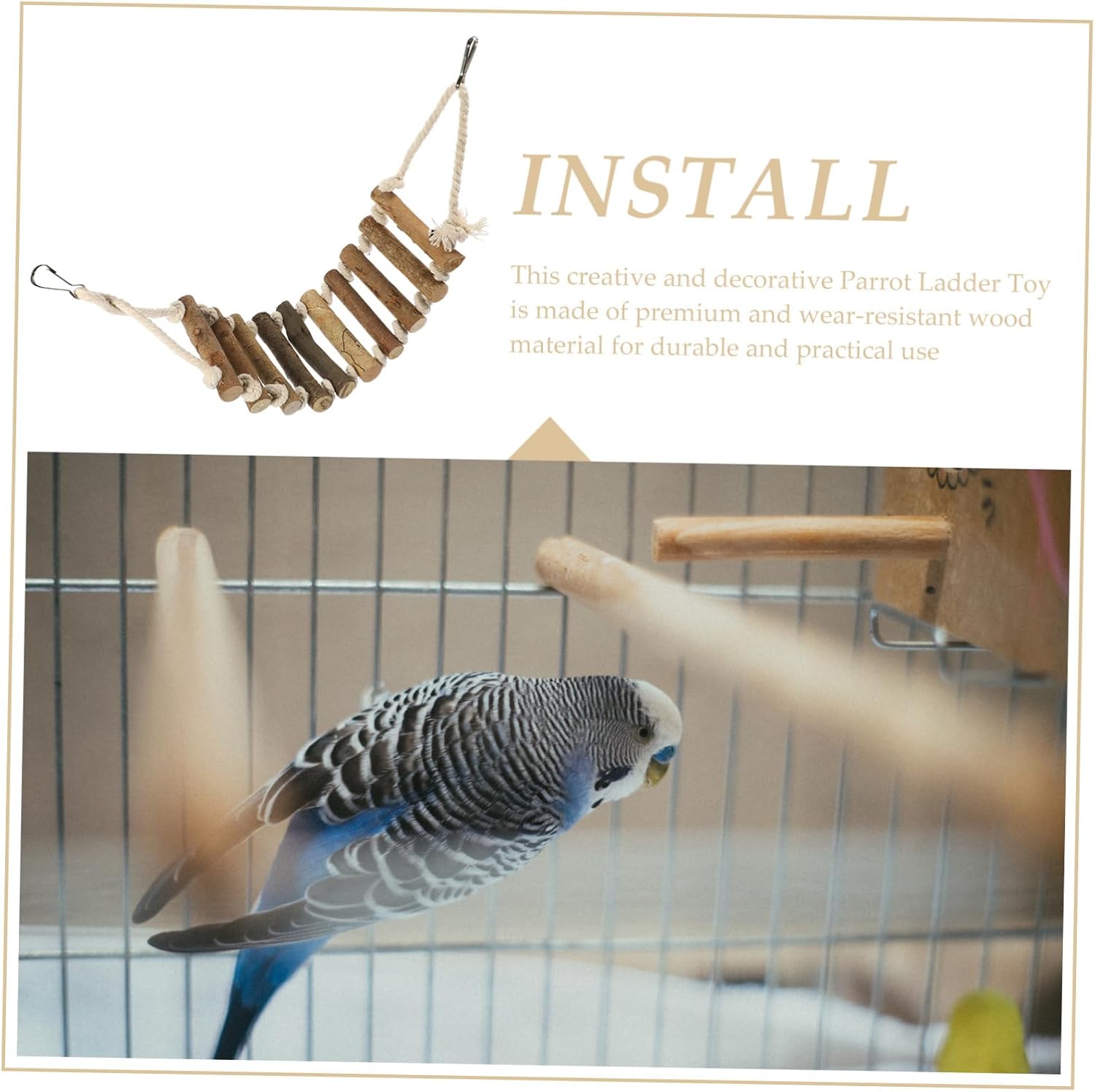 Kisangel Wooden Bird Ladder for Parrots and Birds Natural and Rope Climbing Toy for Cockatiels and Conures