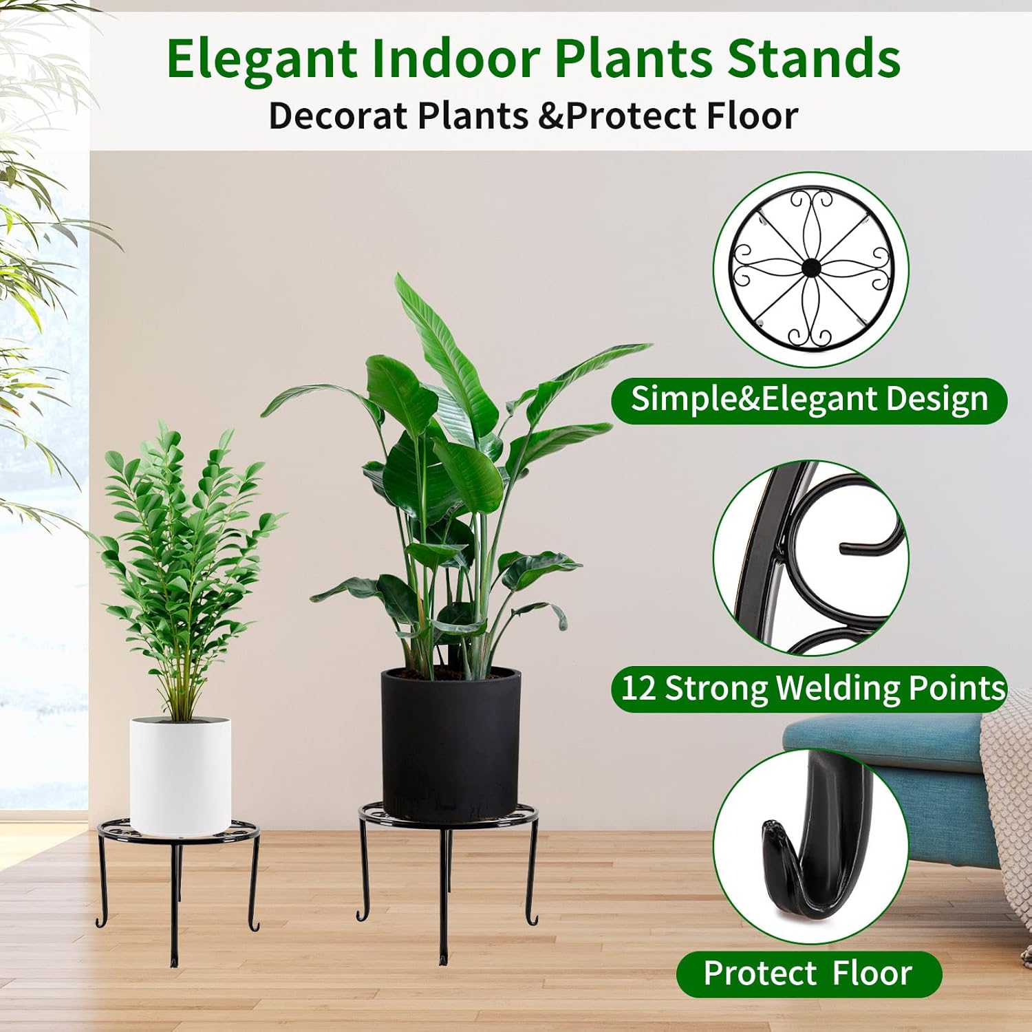 NSYOOMH 5 packs Rustproof Metal Plant Stands for Multiple Plant, Heavy Duty Plants Holder Outdoor Indoor, Round Wrought Iron Flower Planter Pot Stand, Corner Gardening Pumpkin Stand Black