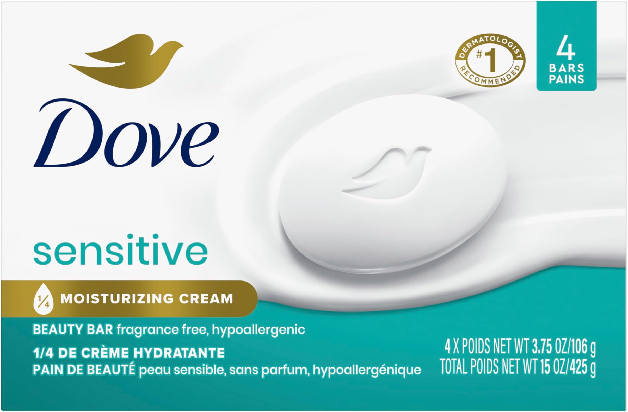 Sensitive Skin Beauty Bar, Unscented, 4 Count, Pack of 1