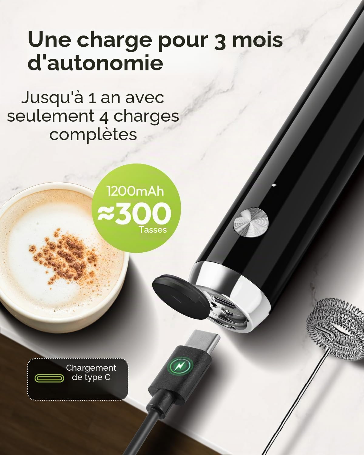 Maestri House Mousseur à Lait Électrique, Rechargeable Mousseur a Lait, Fouet en Acier Inoxydable, étanche Portable Mini Mixeur 2 fouets pour Café, Latte, Cappuccino, Matcha, Lunafro (avec Support)