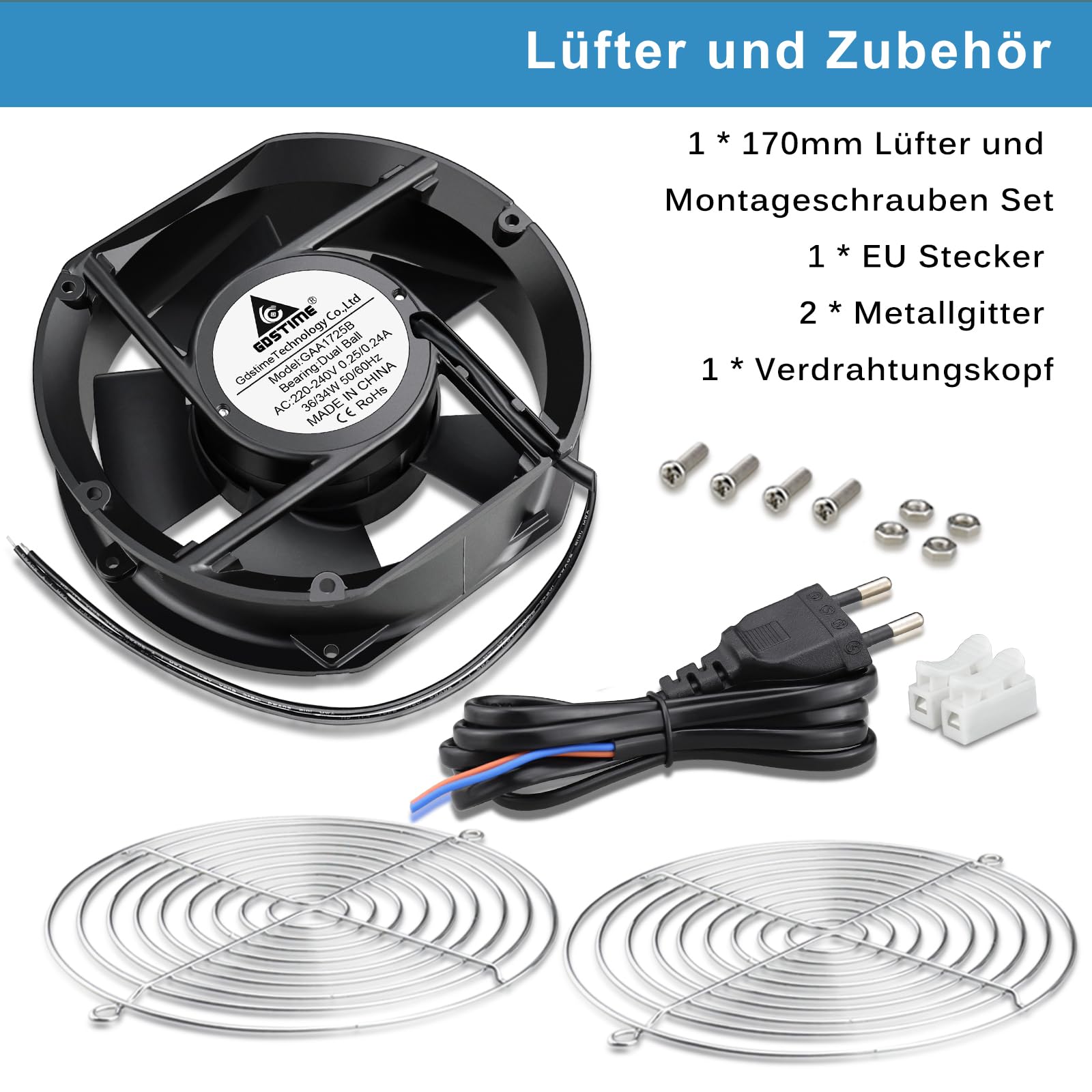 GDSTIME Ventilador de 230 V, 172 mm x 150 mm x 51 mm, 220 V, ventilador axial con doble rodamiento de bolas | Ventilador axial de 230 V, 170 mm, CA, 172 x 150 x 51, gran flujo de aire para ordenador portátil, refrigeración
