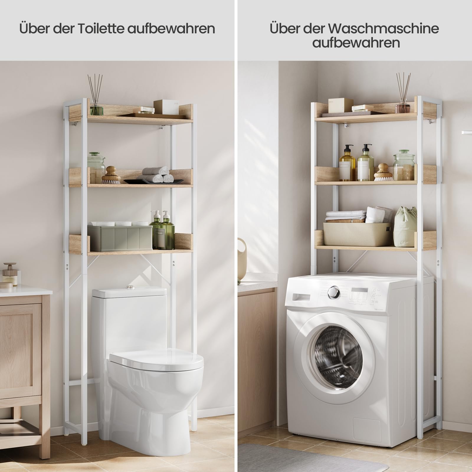 EUGAD Waschmaschinenregal, für Badezimmer Waschküche, Waschmaschinenschrank über Waschmaschine Toilette, mit 3 Ablagen, Platzsparend, Industrie-Stil, 63x166,5x25 cm, Helle Eiche+Weiß