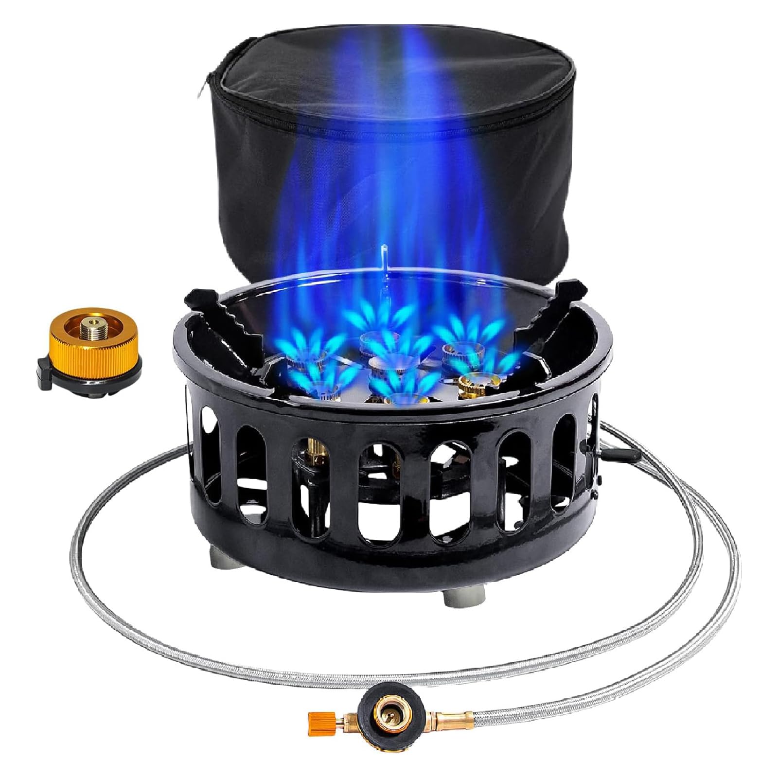 Hornillo de gas portátil de 21000 W, resistente al viento, para camping, exterior, pequeño quemador de butano con bolsa de transporte y adaptador, para emergencias, exteriores, senderismo, pícnic