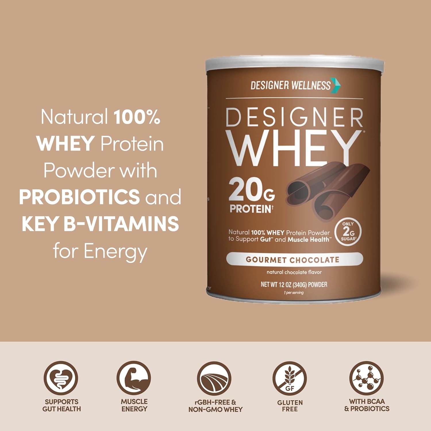 Designer Wellness, Designer Whey, Natural Whey Protein Powder with Probiotics, Fiber, and Key B-Vitamins for Energy, Gluten-Free, Gourmet Chocolate, 12oz