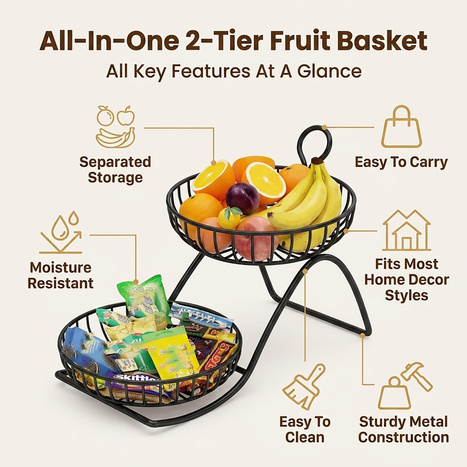 Fruteros de Cocina 2 Pisos, Estructura Soldada Sin Montaje para Encimera, Cesta de Frutas Metalica Negra para Almacenamiento de Patatas y Pan(Gold,49cm)