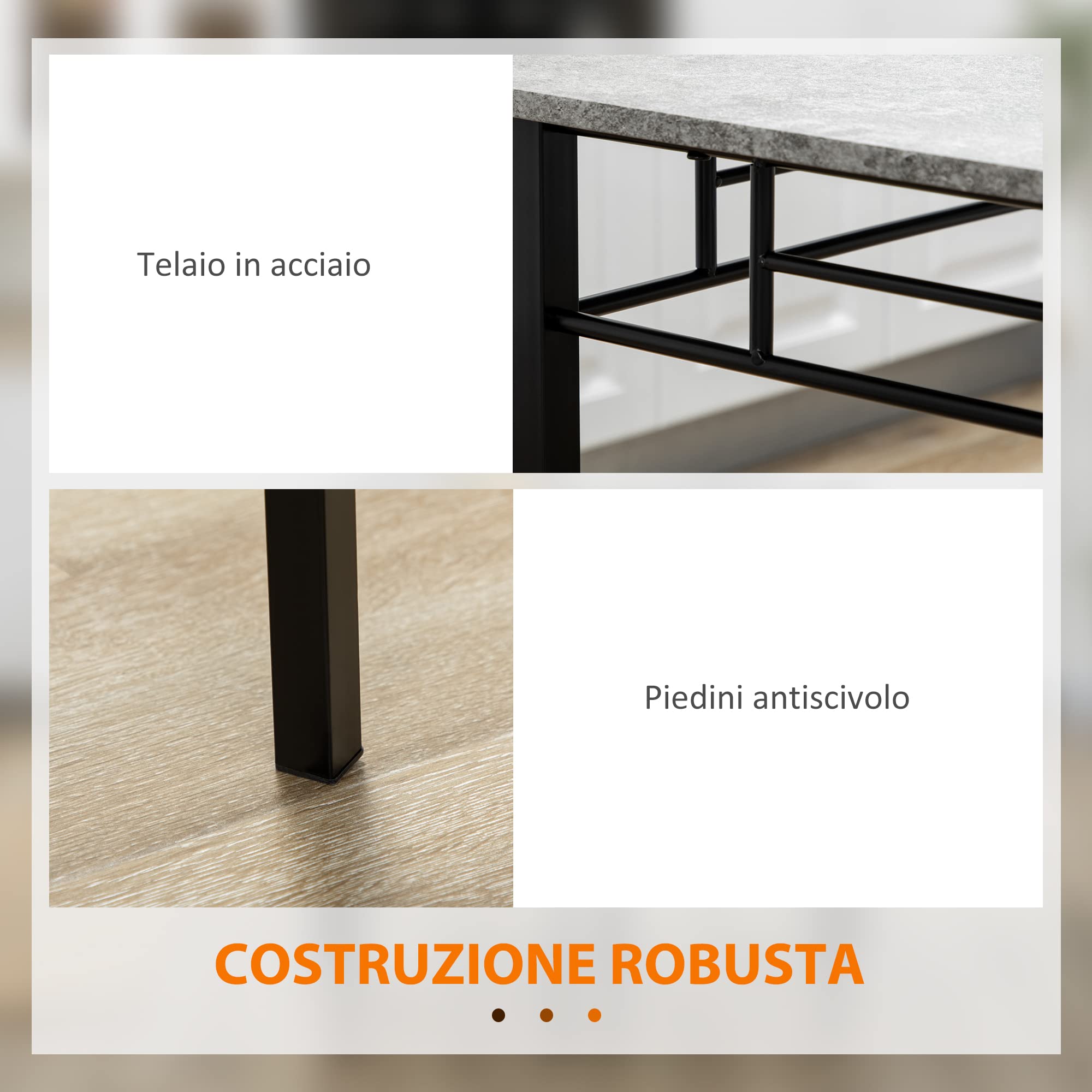 HOMCOM Set Tavolo e Sedie 5pz, Tavolo da Pranzo Rettangolare in Metallo e MDF e 4 Sedie da Pranzo con Seduta Imbottita in Gommapiuma e Poliestere