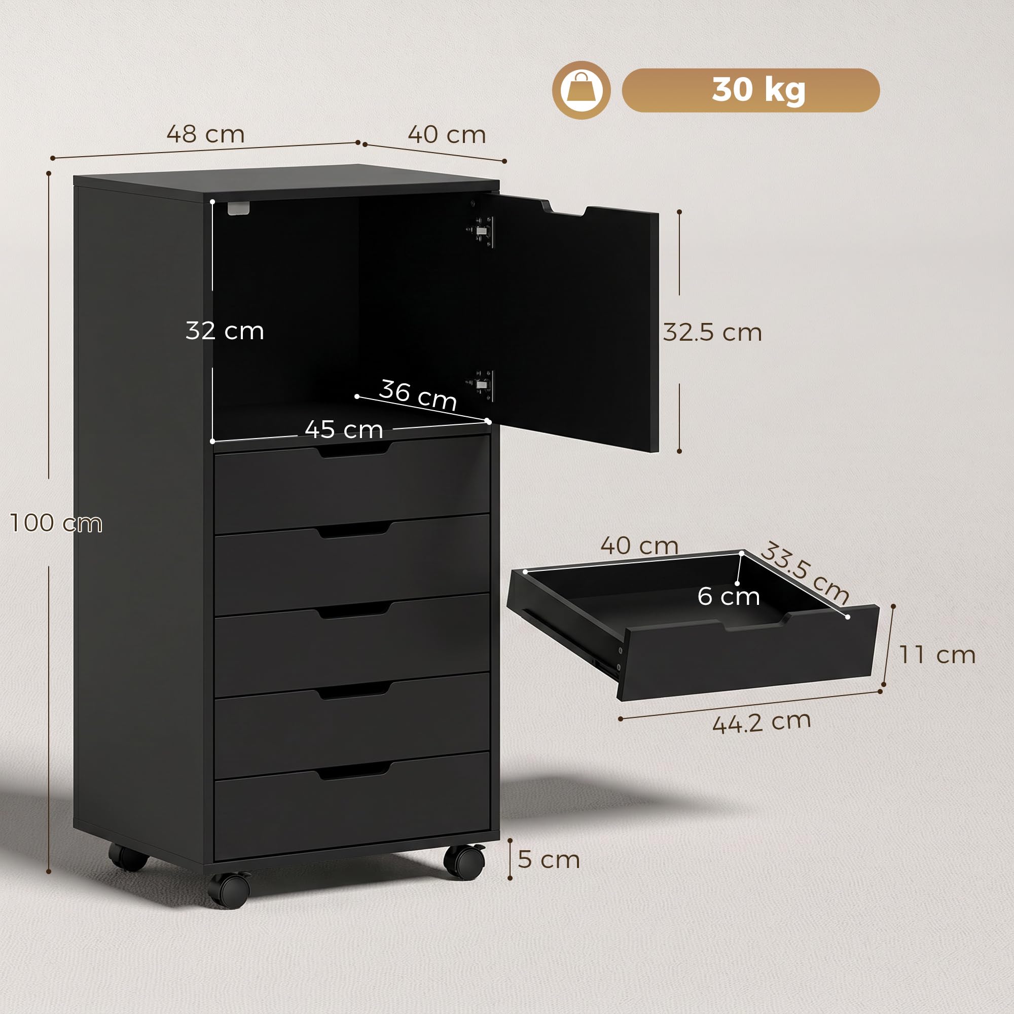 HOMCOM Schedario da Ufficio con 5 Cassetti Soft-Close 48x40x100 cm Nero | Armadio, Ruote a Freno, Cassettiera Scrivania per Documenti, Cassettiera Ufficio per Studio Sotto Scrivania