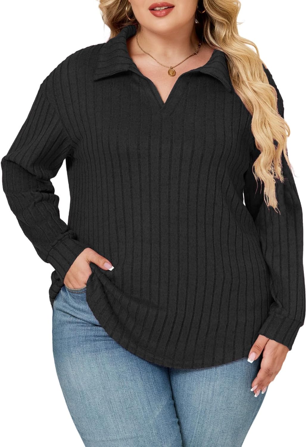 ROSRISS Plus Size Tops for Women Casual Knit Sweaters Going Out Lapel V Neck T-Shirts Lightweight Long Sleeve Blouses - Image 3