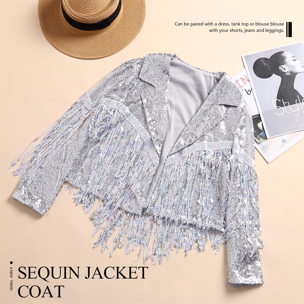 JAKAWIN Women’s Fringe Sequin Jacket Coat Long Sleeve Disco Theme Concert Rave Tassel Bomber Jackets