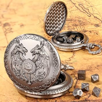 Two-Headed Dragon D&D Dice Set with Pocket Watch Case, 7PCS Metal Dice Set for DND, Mini Dice with Pocket Watch Case, Role Playing Board Games Accessories (Black)
