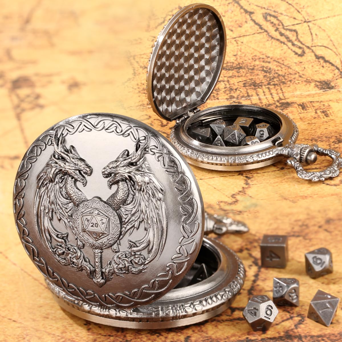 Mini DND Dice Set including Wand and Double Dragon Head Pocket Watch Shell Case, DND Starter Set - Image 3