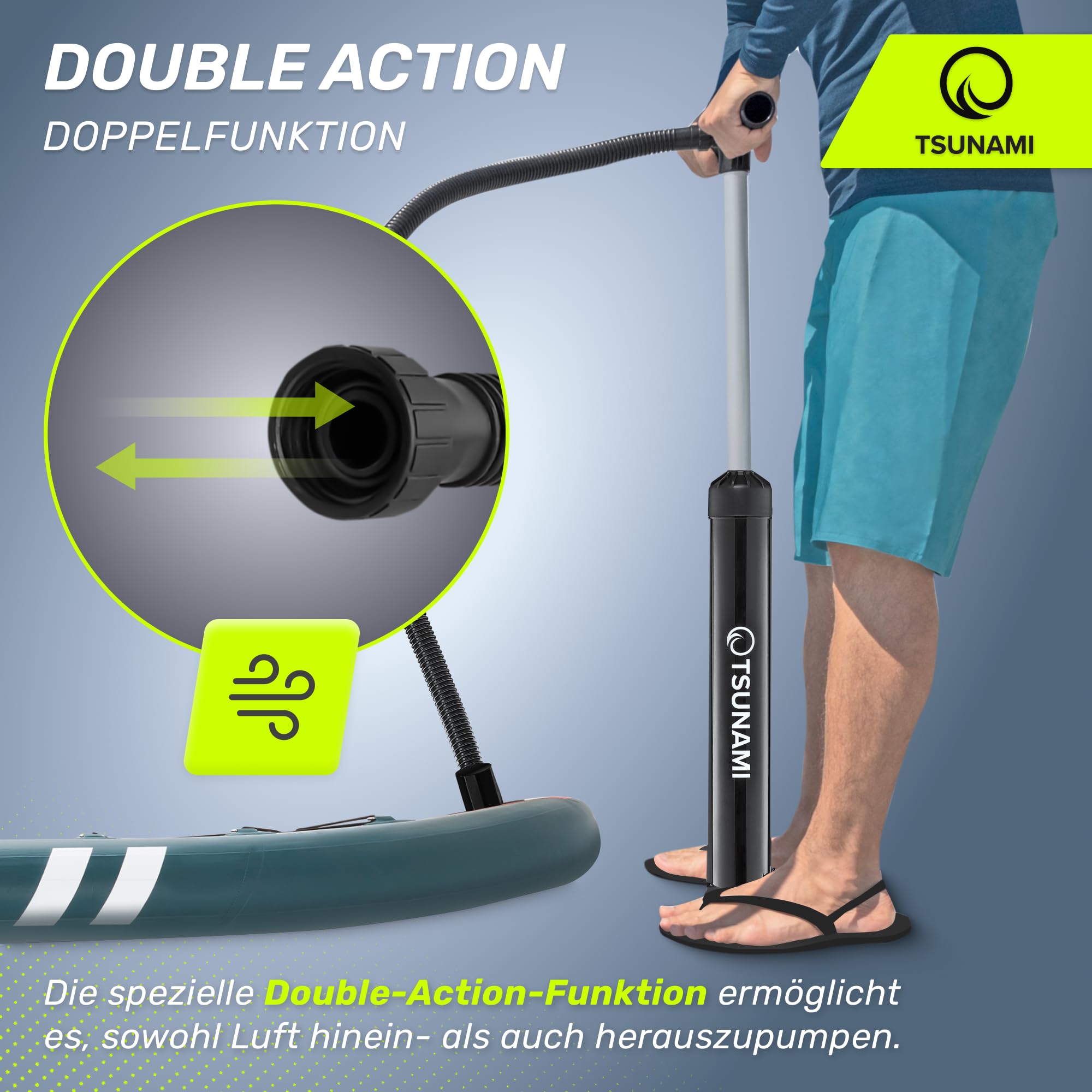 Tsunami SUP-Handpumpe, max. 2 bar (29 PSI), High Big Volume, Doppelt wirkende, Luftpumpe, Hochdruck-Superpumpe für Kajak, Dingy Boote, Paddelboard, Schlauchboot SUP und Stand Up Paddle Board