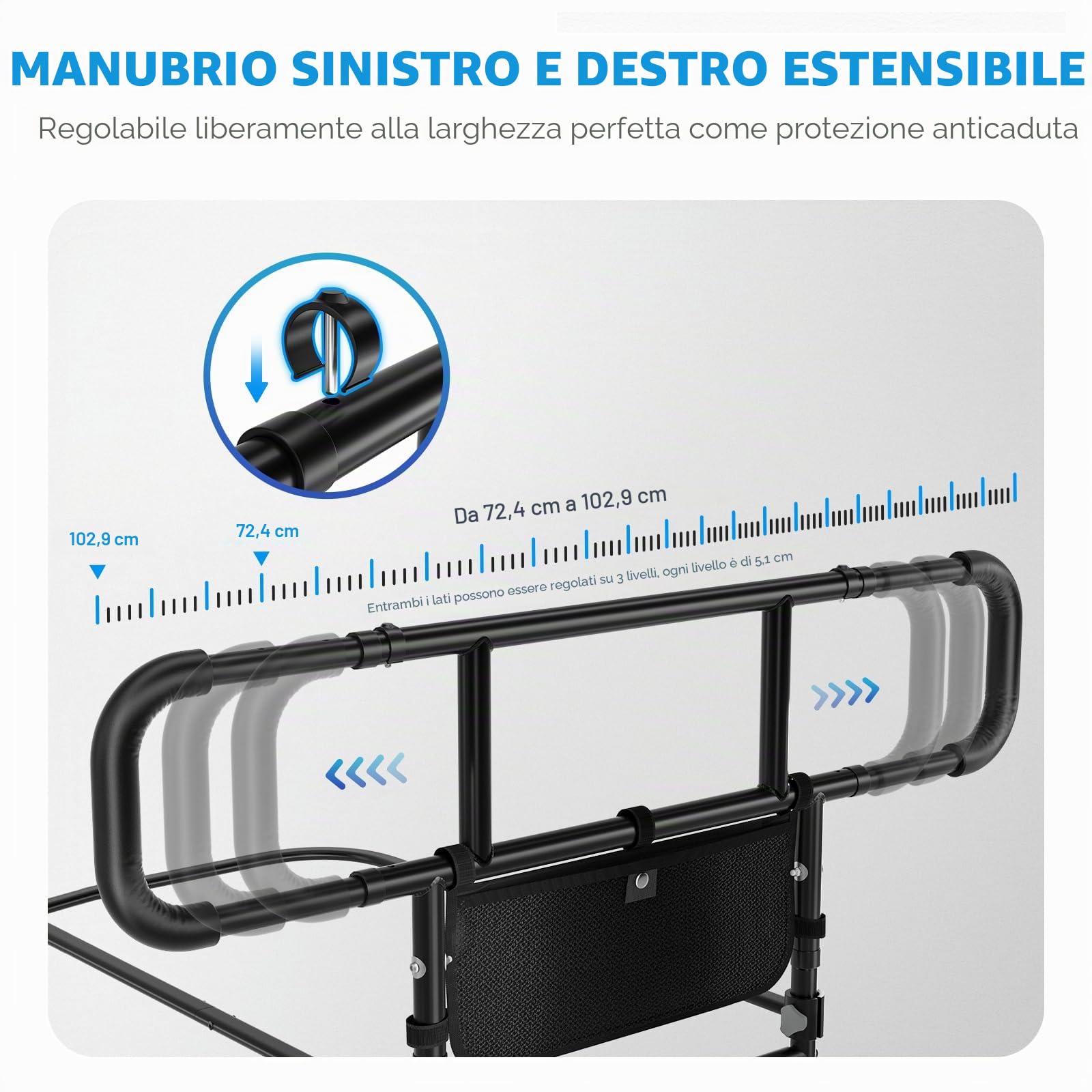 FORTEMOTUS Sponde Letto Anziani, Barriere per Letto Adulti Regolabile in Altezza Gambe, con Borsa, Maniglia di Sicurezza Supporto Alzarsi Disabili, L (Spessore Materasso 25-40 cm)