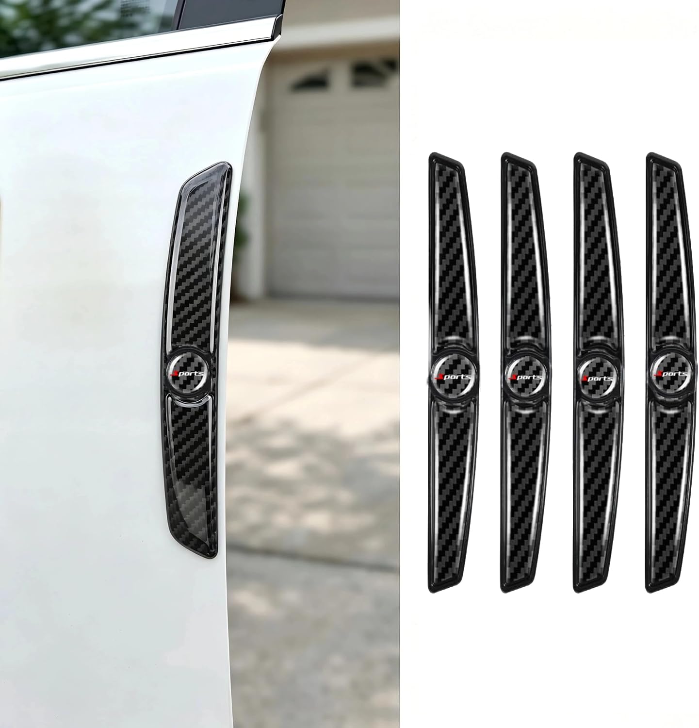 4 PCS Carbon Fiber Car Door Protector Edge Guards, PVC Thicker Scratch-resistant Guard, Waterproof Sunscreen Trim with Sports Label, Self-adhesive Accessories for Cars (Black)