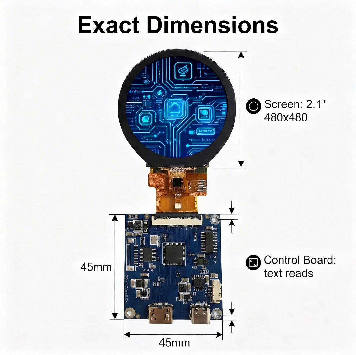 TekGroAml 2.1 Inch Round Touch LCD Display with 480x480 HDMI Board | 300 nits IPS Capacitive Touchscreen, for PC Touch Panel, SBC Dashboard, Windows Compatible