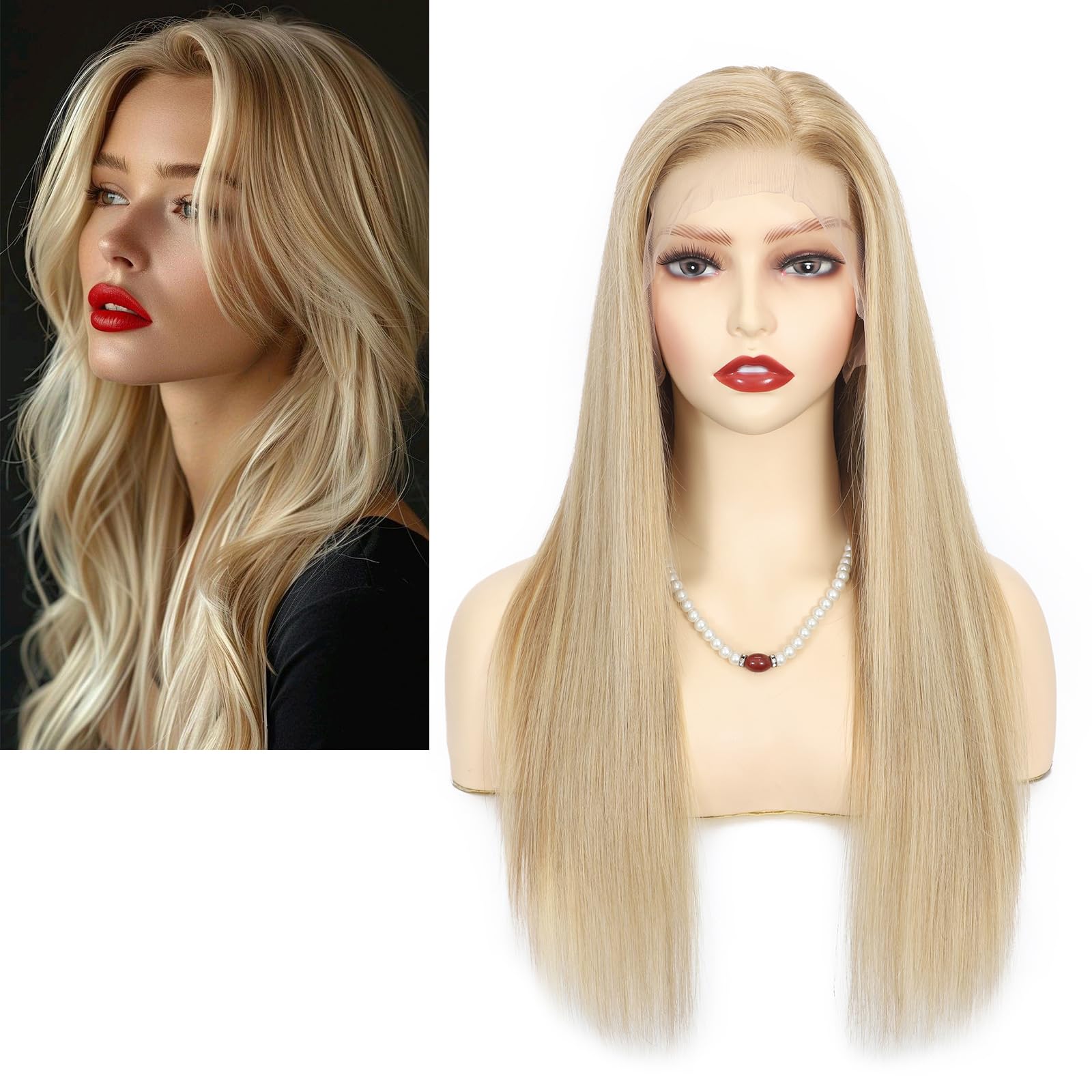 Peruka z prawdziwych włosów, długa, koronkowa peruka z przodu, blond pasemka brązowa, 100% ludzkie włosy Remy, wstępnie plucked P8/613# długość włosów 40 cm