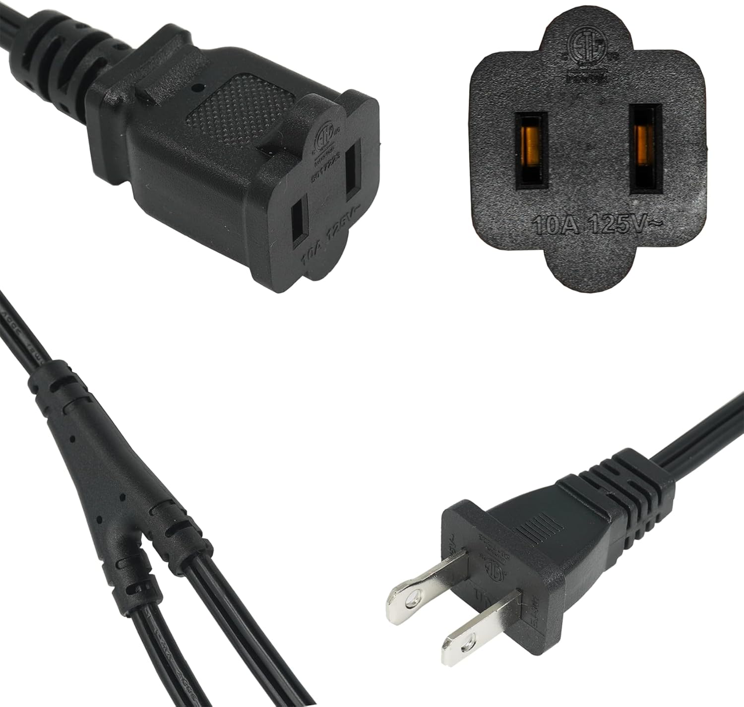 2 Prong 1 to 2 Extension Cord, 2 Way Indoor Power Cable Outlet Saver Splitter, Male to Female Y Splitter, 18 Gauge Wire, 10 A 125 V 1.5 Feet Black