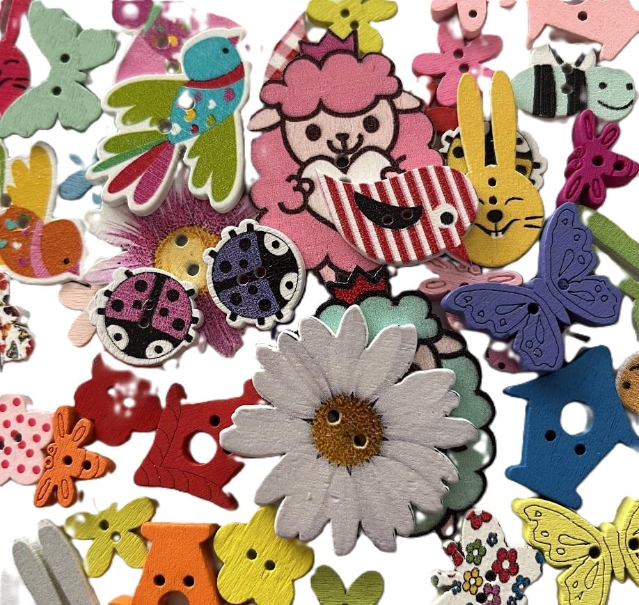 Beads'n'Bits Spring Button Mix Including Birds, Bees, Butterflies, Ladybirds, Dragonflies, Sheep, Flowers, Bunnies