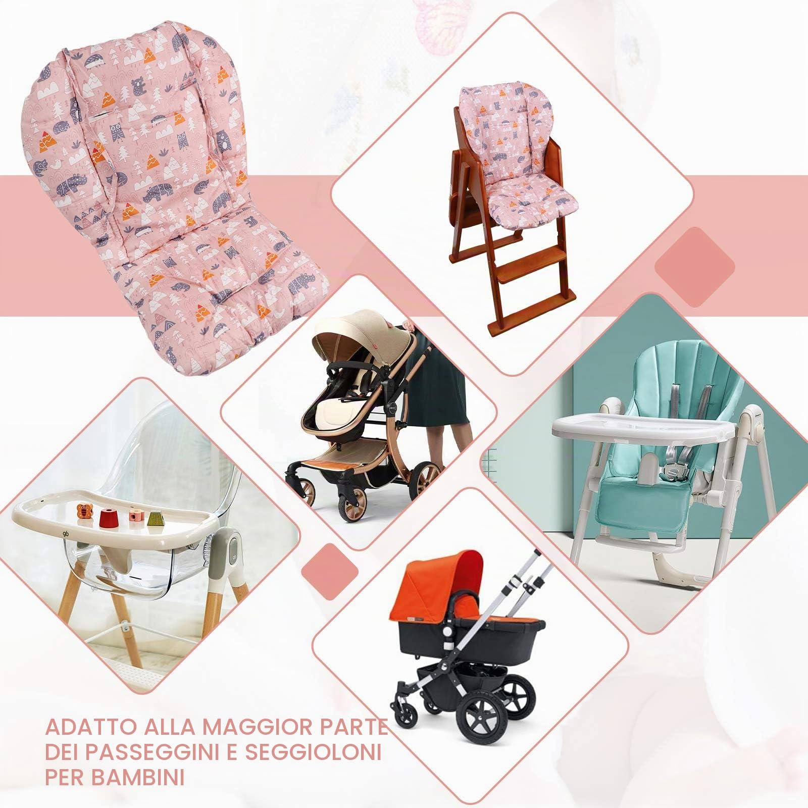 Cuscino Spesso Per Seggiolone In Legno,Imbottito Per Seggiolone, Tappetino Per Fodera Per Sedia Da Pranzo Per Bambino Universale Passeggino Cuscino(foresta rosa)