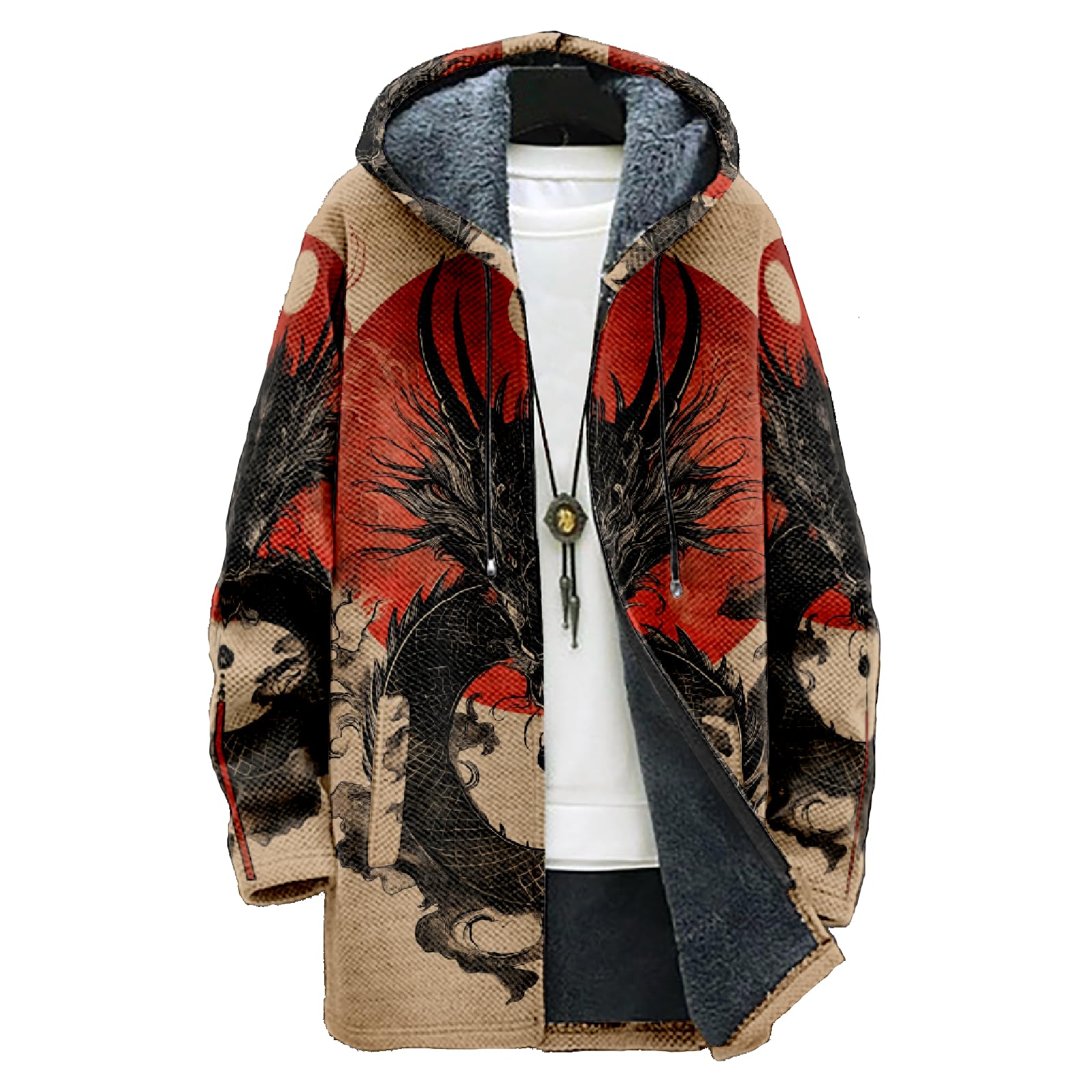 Mens Hooded Cardigan Japanese Art Zip Up Long Sleeve Sweater Hoodie Dragon Print Coat with Pockets