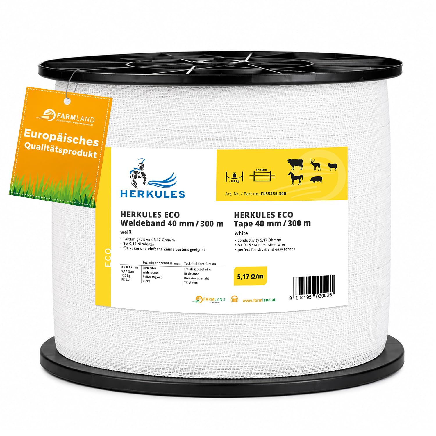 Ruban électrique Herkules Power – Ruban de 300m avec une résistance de 4,5 ohms/m – Ruban robuste conducteurs en acier inoxydable et aluminium – Ruban de 40mm de large tous les types d'animaux