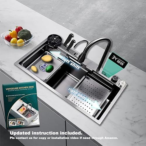 Miniatura 2 de Nano 304 Fregadero de cocina de acero inoxidable con diseño de cascada, pantalla digital, lavadora de tazas a presión, caja portacuchillos