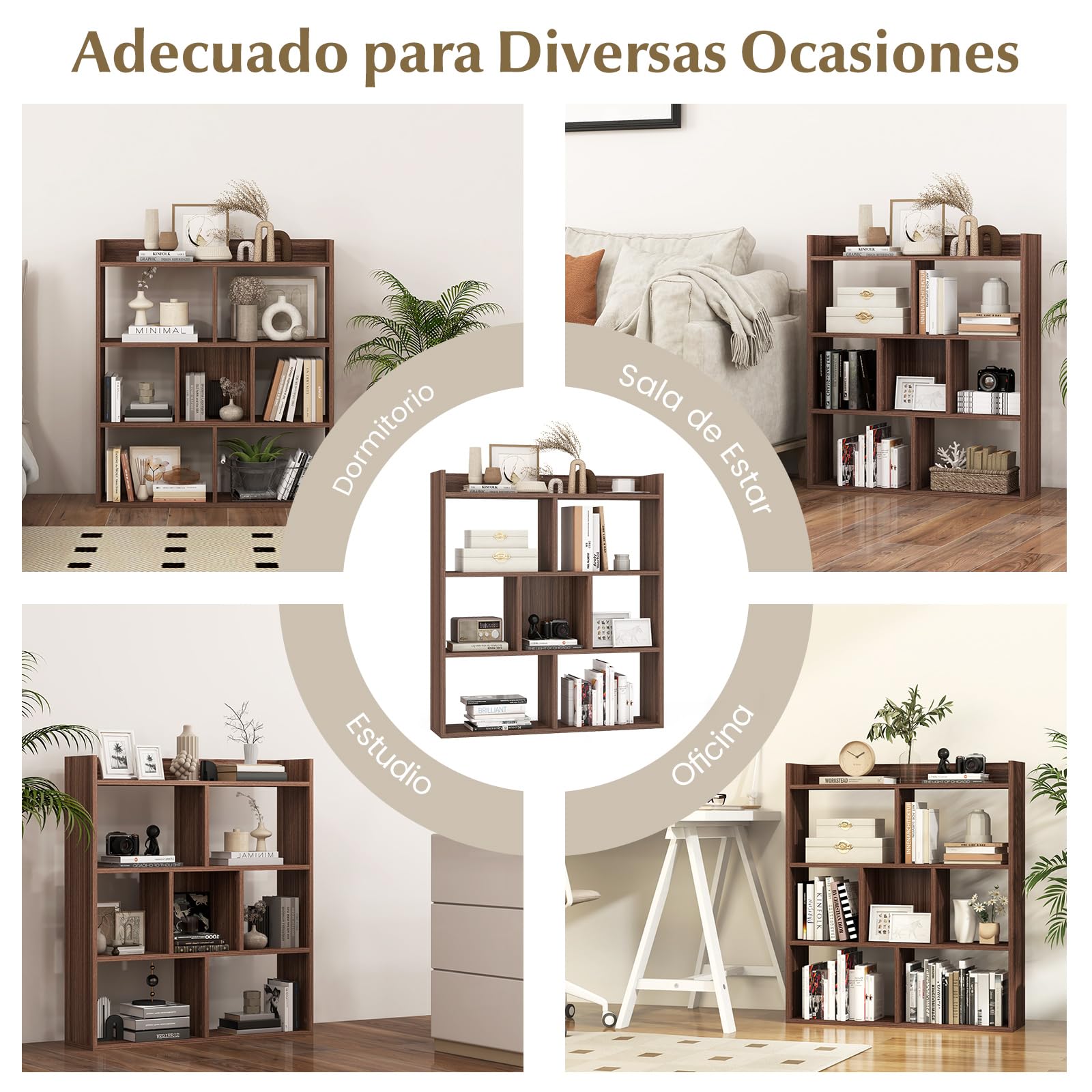 GIANTEX Librería Geométrica con 7 Cubos, Estantería de Almacenamiento de Madera, 80 x 20 x 90 cm, con Kit Antivuelco, Estante de Suelo para Salón, Estudio, Dormitorio (Nogal)