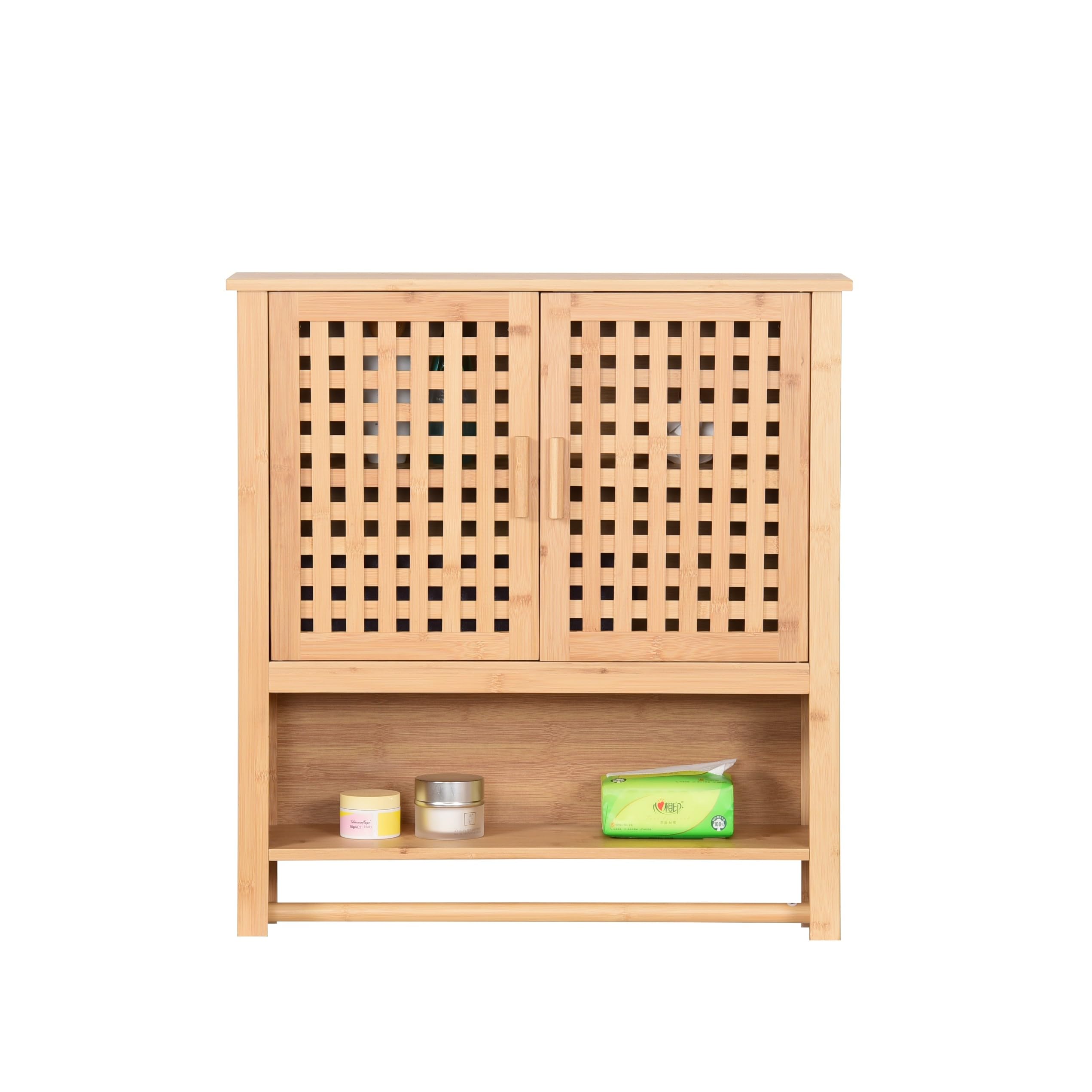 Hängeschrank aus Bambus fürs Badezimmer Wandschrank mit 2 Türen Handtuchhalter & Ablage Badschrank mit Regalfächern Platzsparend 66x62x20cm Natural (Land)