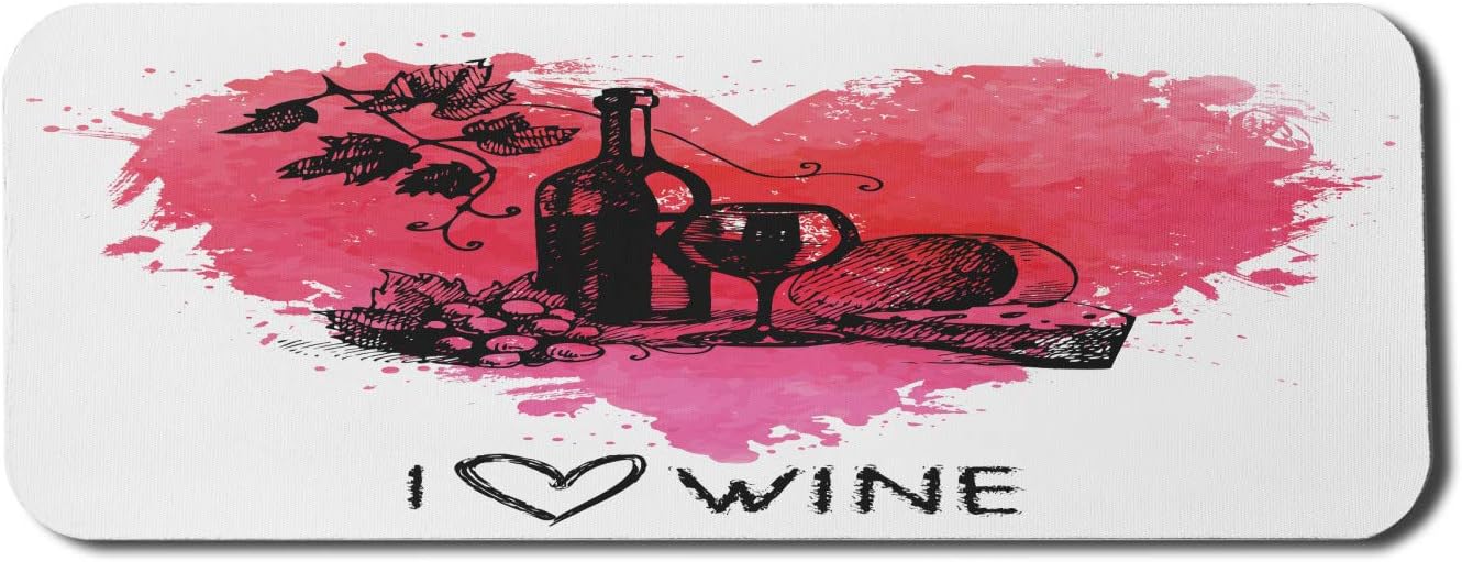 Ambesonne Wine Computer Mouse Pad, Hand Drawn Sketch Illustration Splash Watercolor Heart I Love Drink Theme, Rectangle Non-Slip Rubber Mousepad Large, 31 x 12 Gaming Size, Pink Coral Black