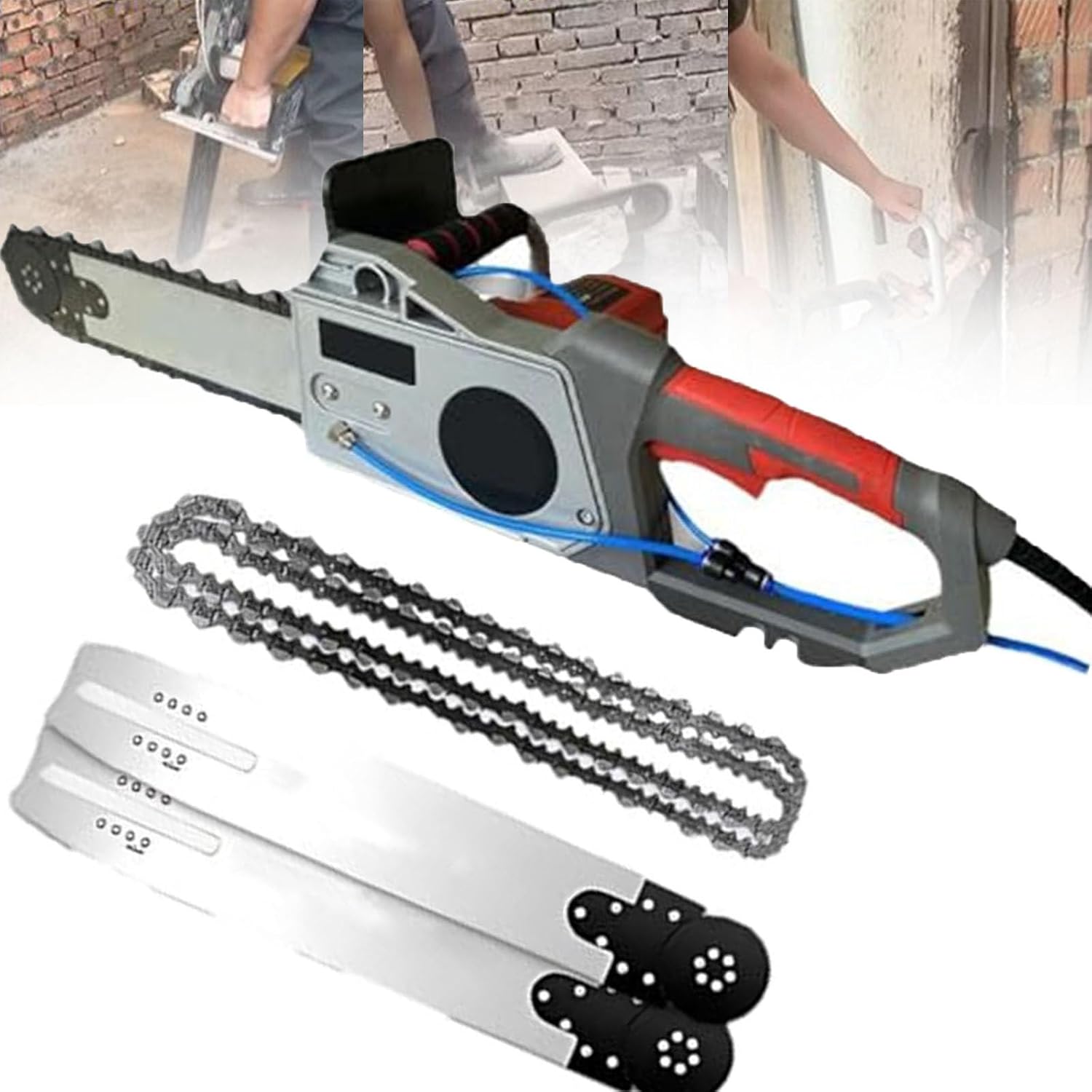Concrete Saw, Electric Concrete Chain Saw, Wet Water Supply, Dust Removal, Handheld Concrete Saw with Water Pump, 2 Chains/2 Guide Bars, for Cutting Concrete, Steel Bars, Marble,350