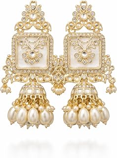 Gold-Toned Kundan Jhumka Earrings with Pearl Drops, Floral Square Design, Traditional Indian Style Price In India