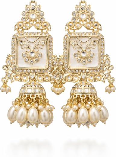 Gold-Toned Kundan Jhumka Earrings with Pearl Drops, Floral Square Design, Traditional Indian Style