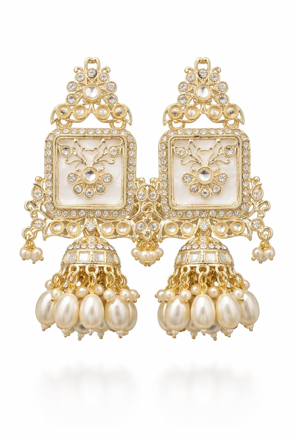 Gold-Toned Kundan Jhumka Earrings with Pearl Drops, Floral Square Design, Traditional Indian Style - Review, Price and Buying Guide