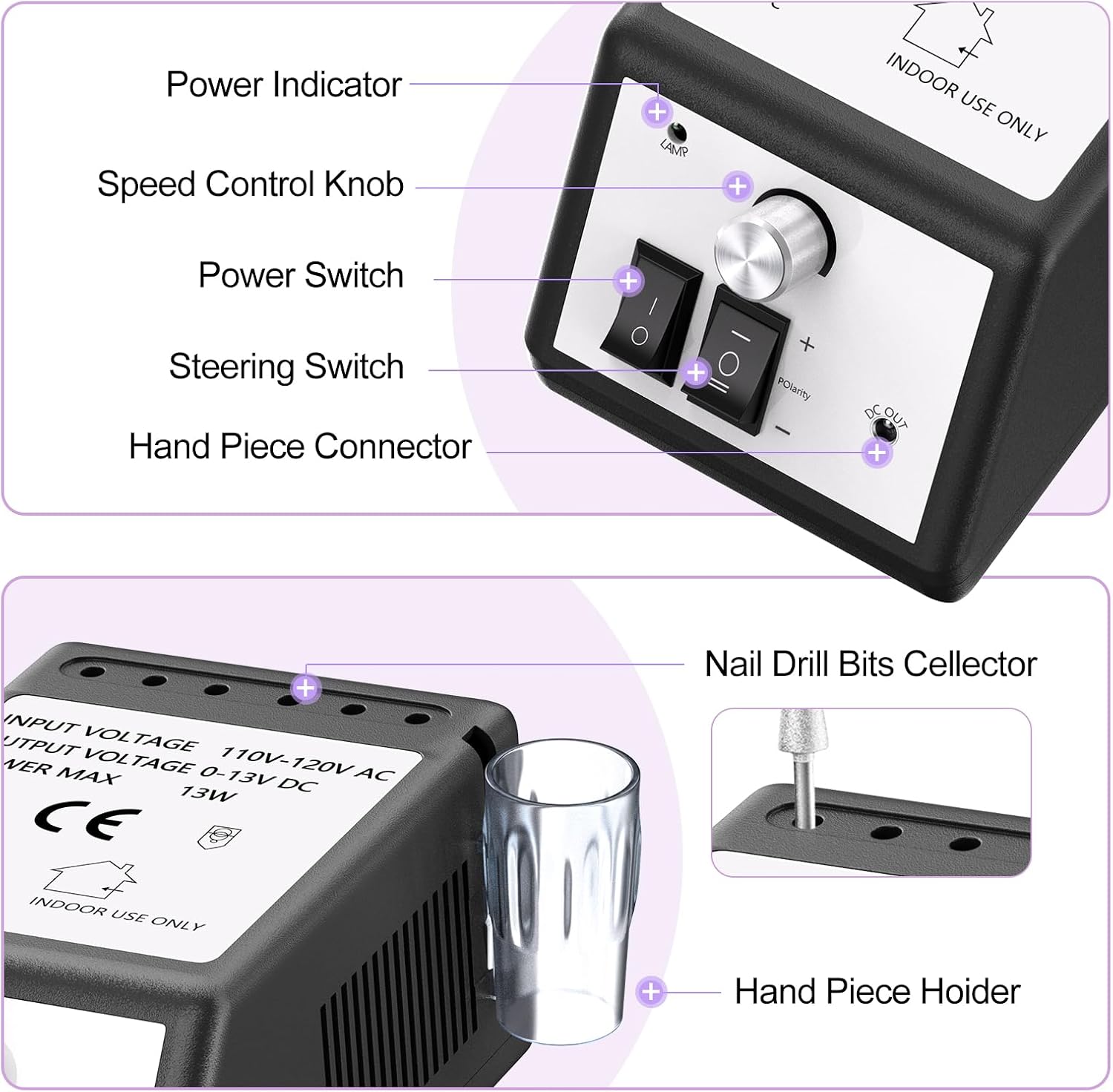 Diagram of JIASHENG Nail Drill control unit with labeled parts