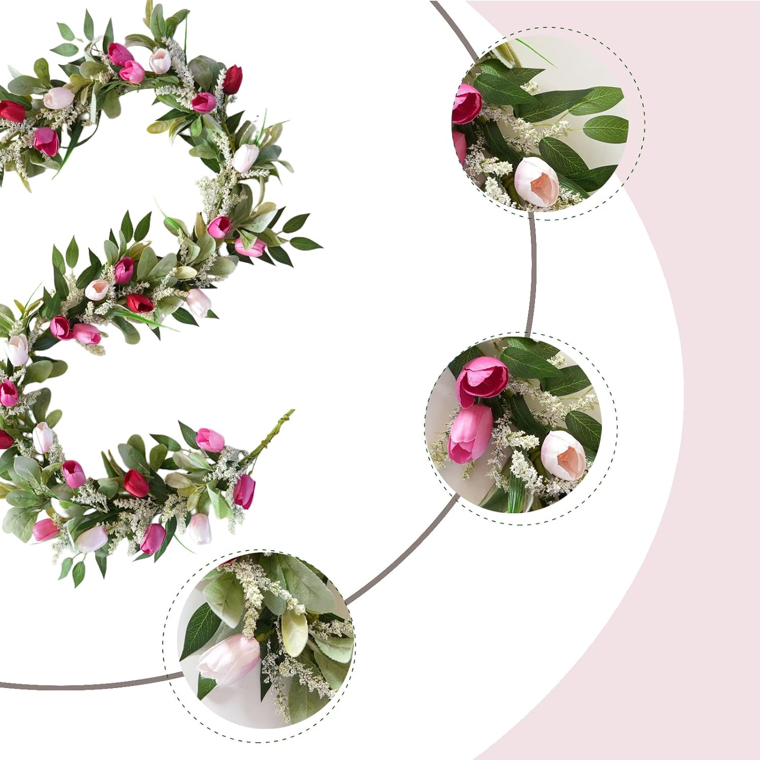 6ft Valentines Day Garlands Artificial Valentines Garland with Green Leaves & Pink Tulip, Pink Tulip Vine for Mantle Arch Stairs Railing Table Centerpiece Wedding Hanging Decorations