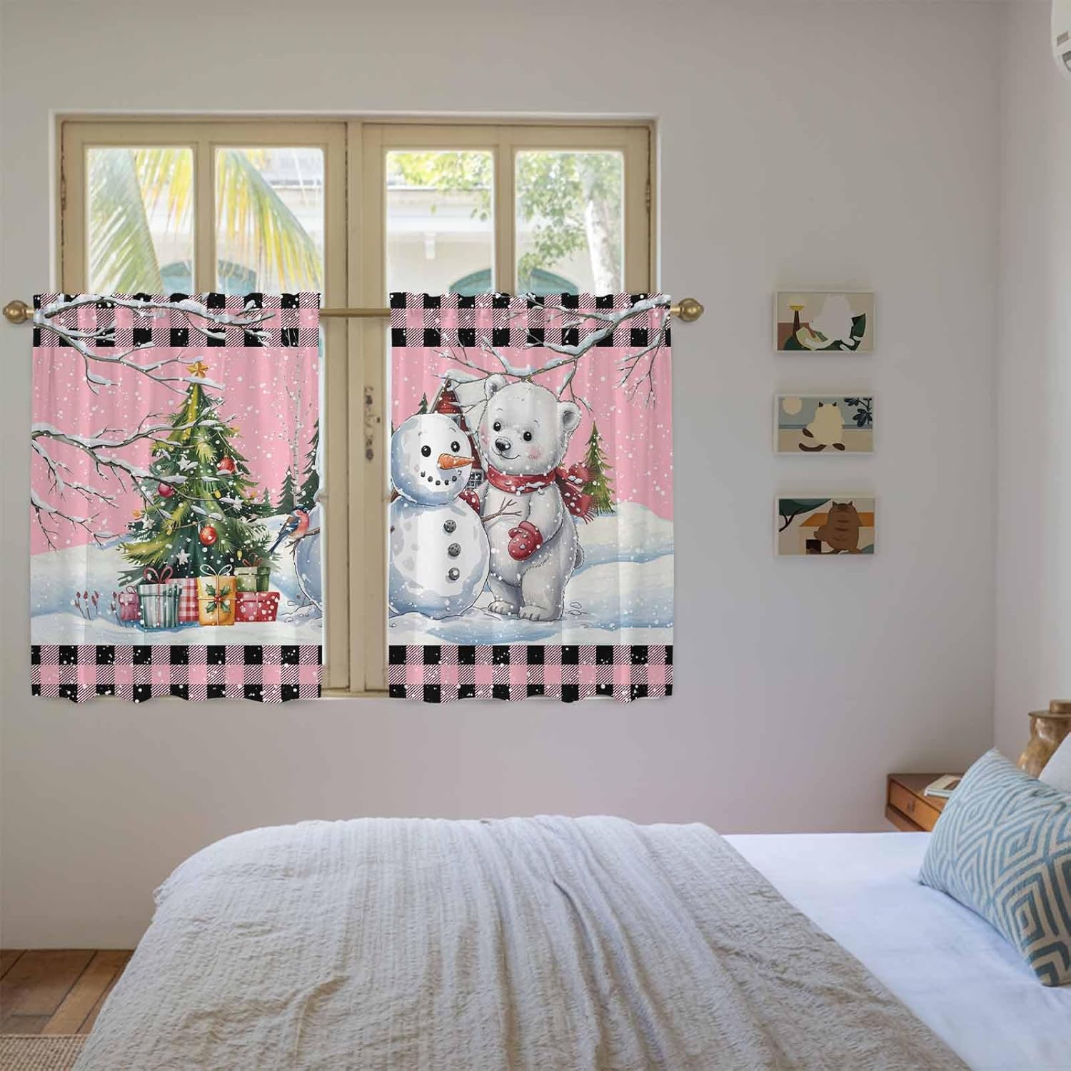Pink Christmas Kitchen Tier Curtains 45 Inch Long 2 Panel Set,Rod Pocket Short Window Treatment,Xmas Tree Snowman Bear Snowfall Plaid Curtains & Drapes for Bathroom Basement 27.5"W x 45"L